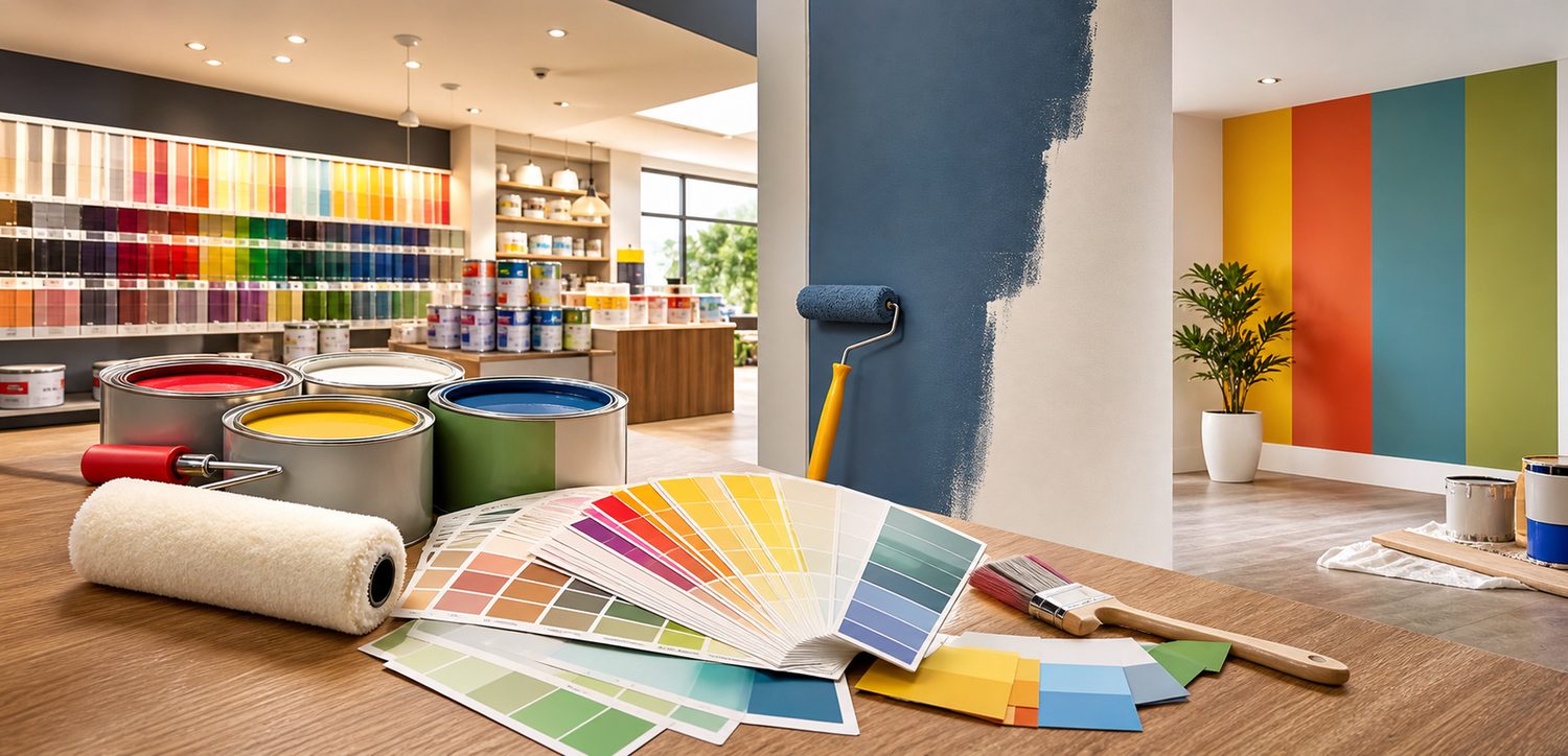 Paint showroom with colour swatches and paint tools