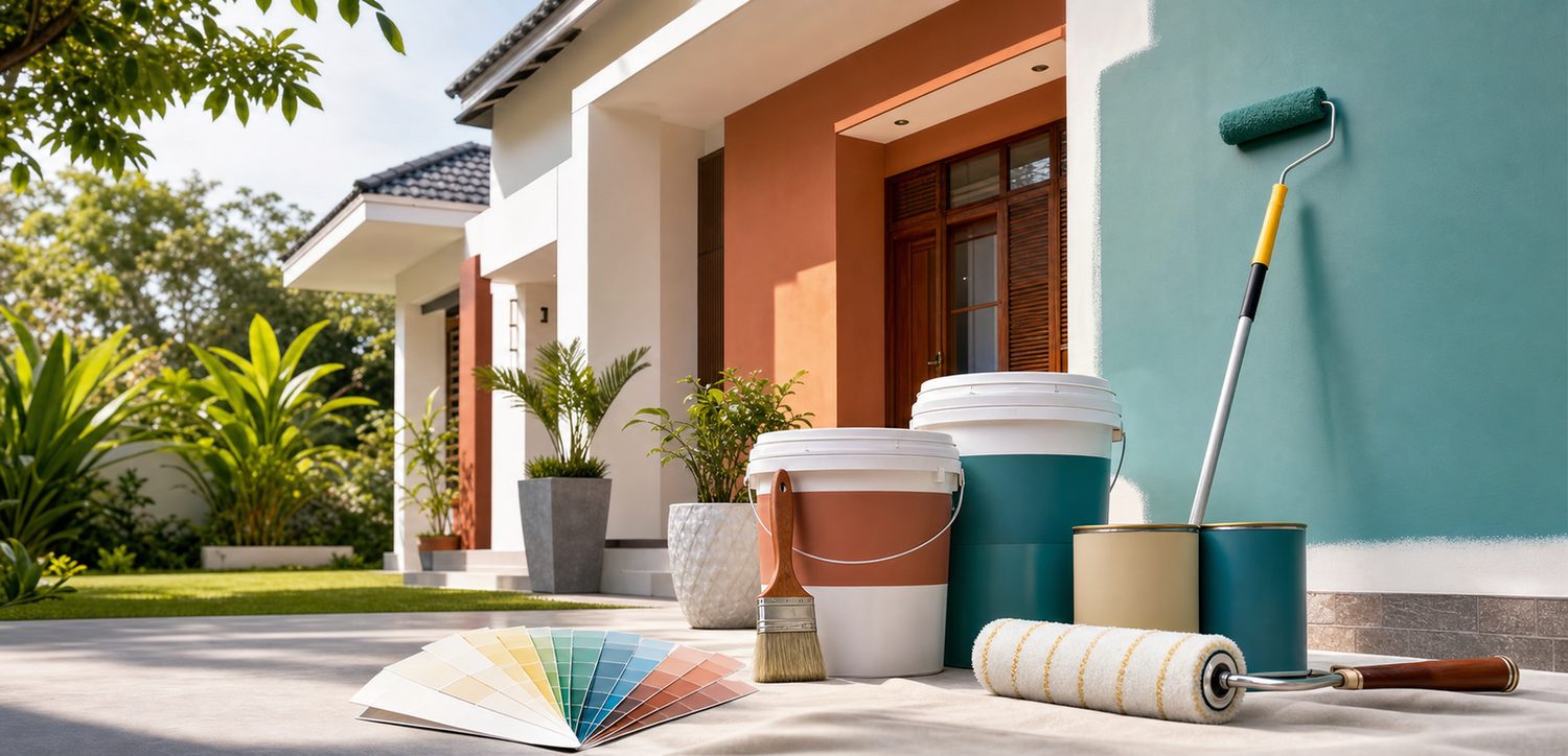 Exterior house painting with paint buckets and roller