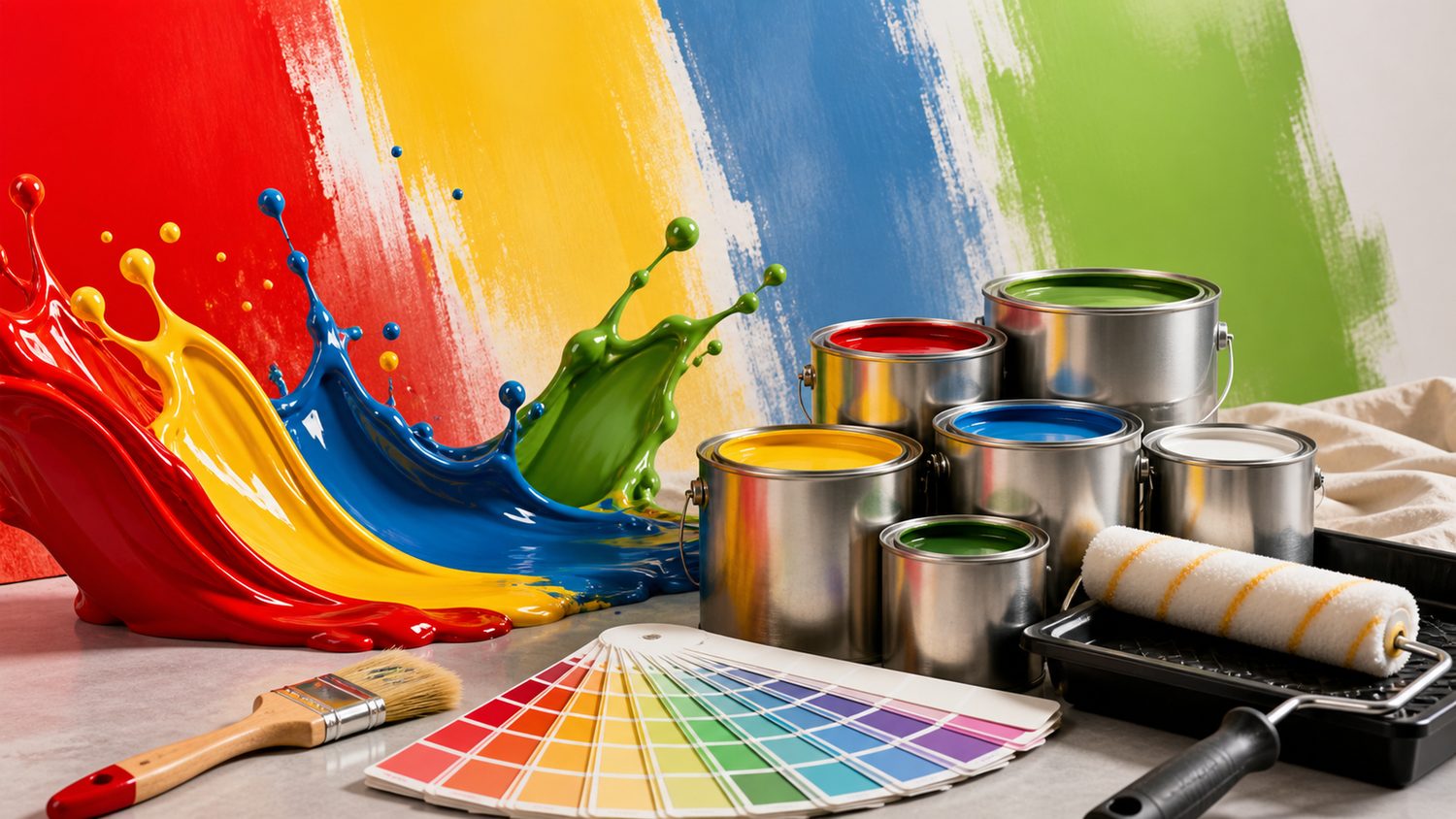 Colourful paint splash with paint cans and roller